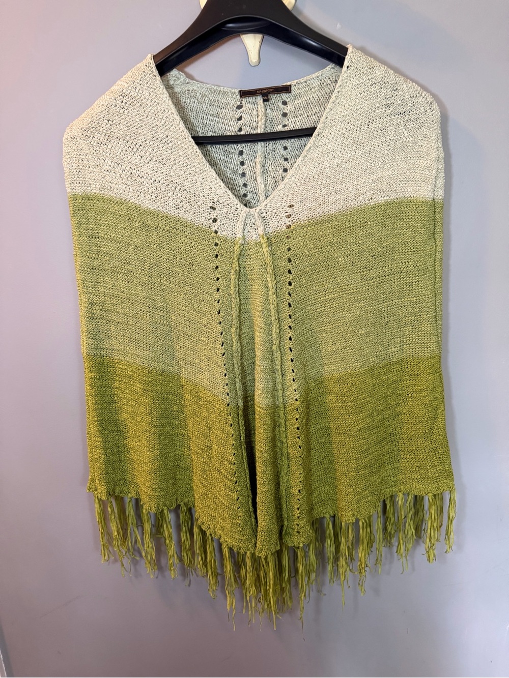 Lightweight Green Gradient Knit Poncho with Fringe